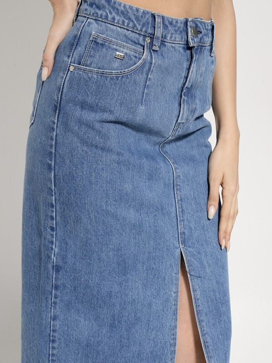 Denim Cu talie înaltă Midi Fustă Albastru