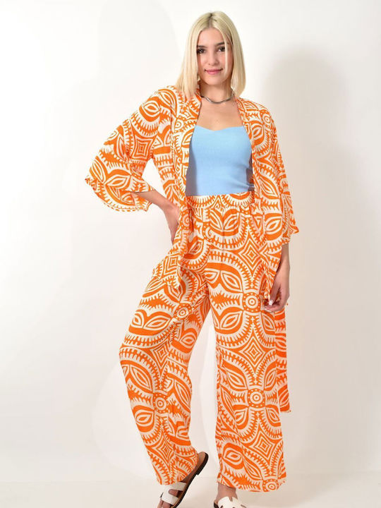 Set Kimono Bedruckte Hose Orange 23818
