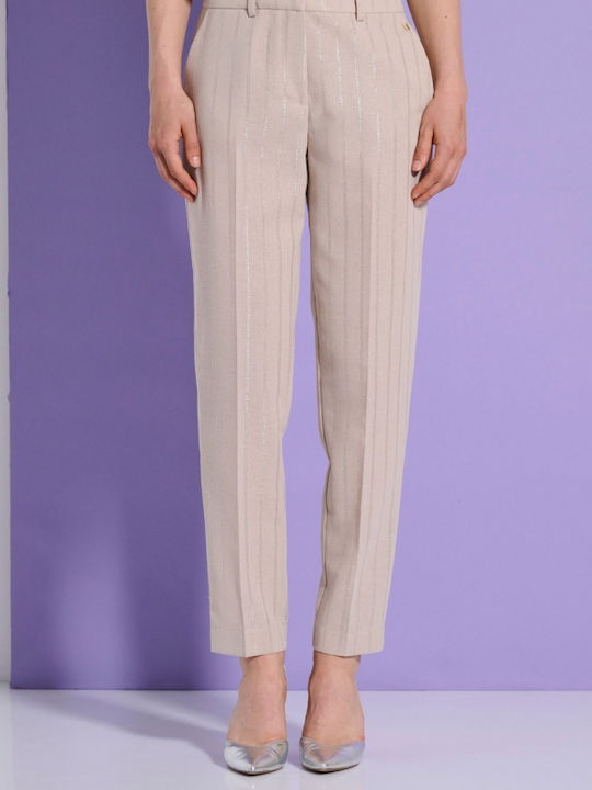 Matis Fashion Femei Bej Set cu Talie înaltă Pantaloni cu Croială Normală Cu dungi