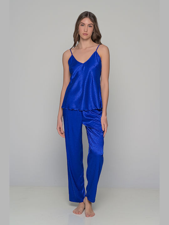 Satin Jacquard Träger Blau Damen Pyjama Milenabyparis 49381