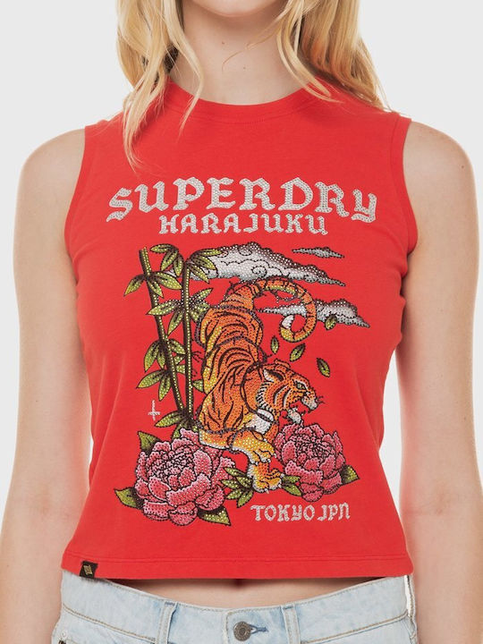 Superdry Rhinestone pentru Femei Bluză Fără mâneci Roșie