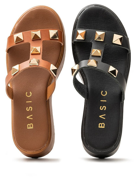 Leather Women's Flat Sandals in Tabac Brown Color