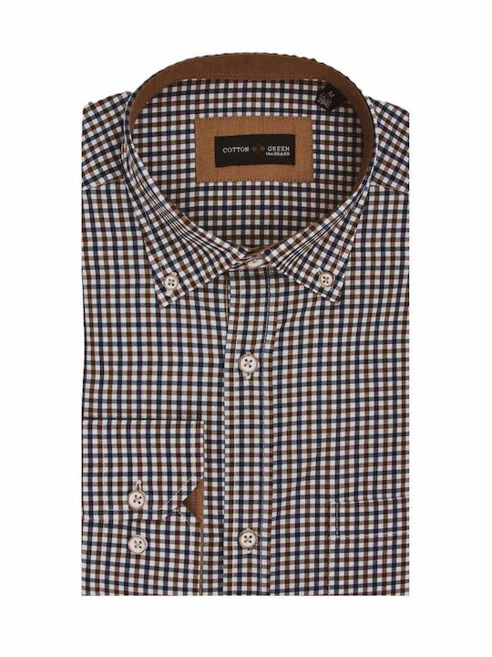 Cotton Green Men's Shirt Long Sleeve Cotton Checked Brown