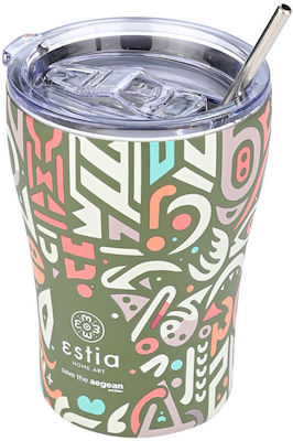 Estia Coffee Mug Save The Aegean Sticlă Termos Oțel inoxidabil Fără BPA GEOVIVID 350ml cu Paie