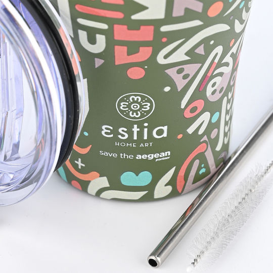 Estia Coffee Mug Save The Aegean Glass Thermos Stainless Steel BPA Free 350ml Geovivid with Straw