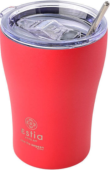 Estia Coffee Mug Save The Aegean Recyclable Glass Thermos Stainless Steel BPA Free 350ml Scarlet Red with Straw
