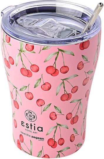 Estia Coffee Mug Save The Aegean Ανακυκλώσιμο Ποτήρι Θερμός Ανοξείδωτο BPA Free 350ml Cherry Rose με Καλαμάκι