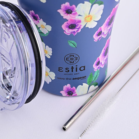 Estia Coffee Mug Save The Aegean Ανακυκλώσιμο Ποτήρι Θερμός Ανοξείδωτο BPA Free 350ml Garden Blue με Καλαμάκι