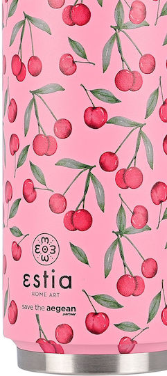 Estia Travel Cup Save the Aegean Recyclable Thermos Bottle Stainless Steel / Plastic BPA Free 500ml Cherry Rose with Straw