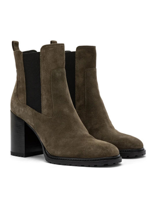Leder Damen Chelsea Stiefeletten mit hohem Absatz Khaki