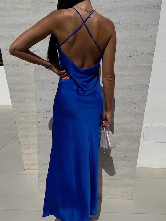 Sinell Women's Long Satin Halter Neck Open Back Blue Dress