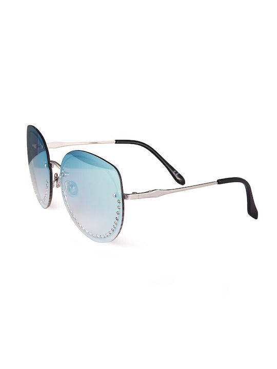 V-store Women's Sunglasses with Silver Metal Frame and Light Blue Mirror Lens 18628