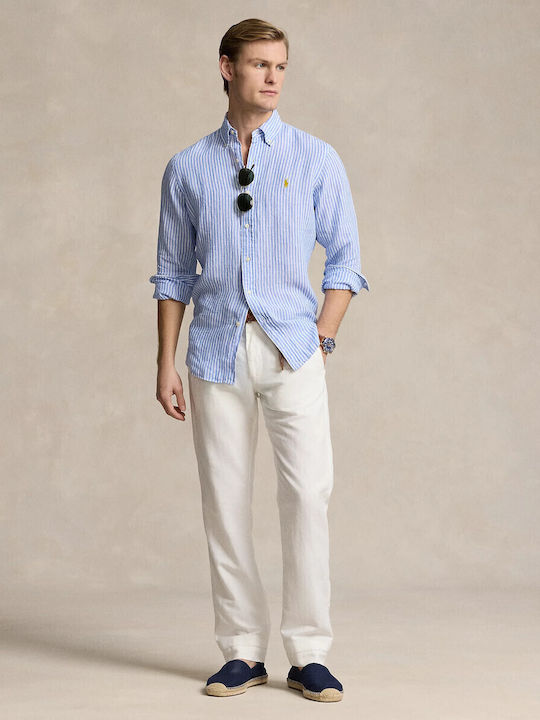 Long Sleeve Linen Shirt in Regular Fit Striped Blue