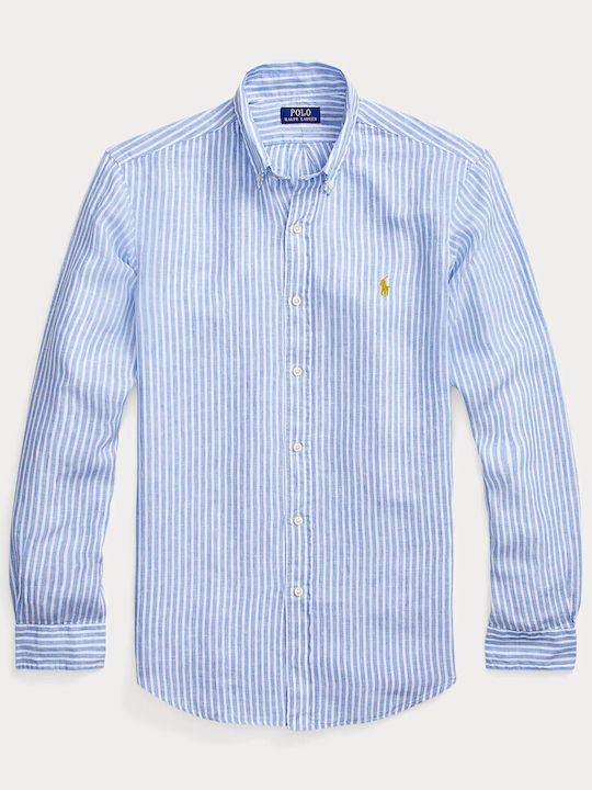 Long Sleeve Linen Shirt in Regular Fit Striped Blue