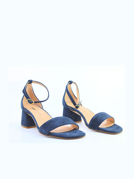 Frau Suede Women's Sandals with Ankle Strap Navy Blue with Medium Heel