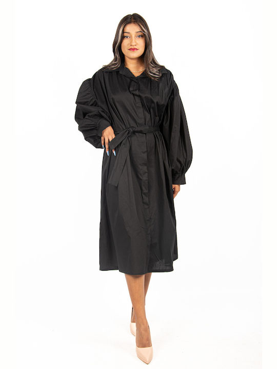 Oversized Puffed Sleeve Black Dress