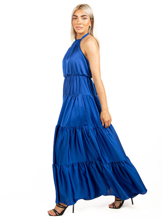 Blue Satin Ruffle Dress