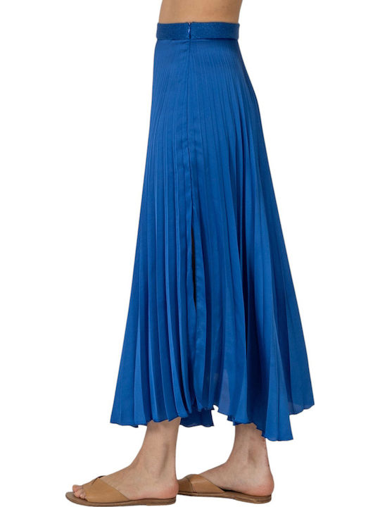 Satin Pleated Maxi Skirt Blue