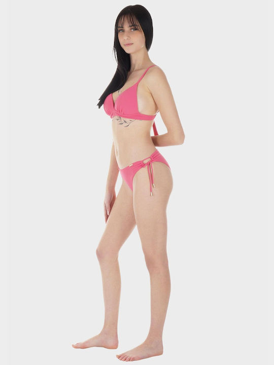 Set bikini pentru femei cu triunghi, dungi texturate, cu burete push up și fundățele obraznice. Acoperă cupa B, roz