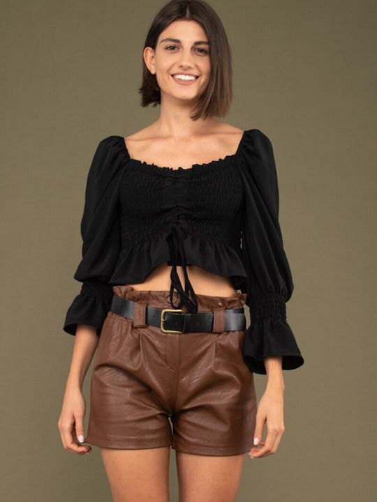 Leather shorts with black leather belt BROWN