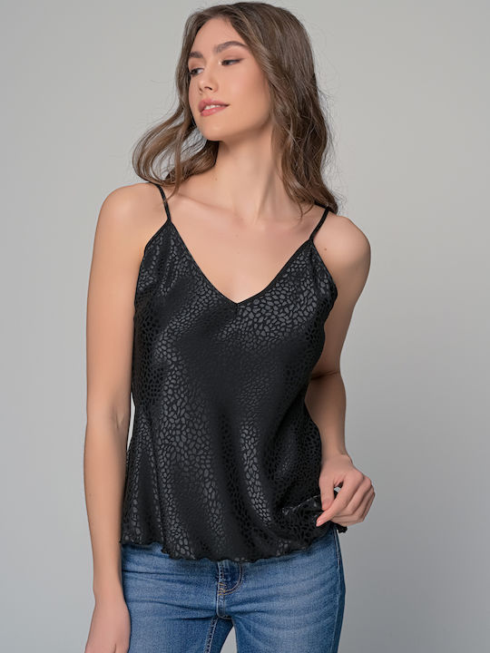 Women's Blouse Satin with Straps & V Neckline Black