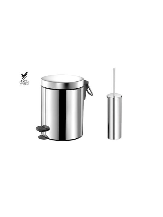 Sanco Inox Set coș de gunoi și perie pentru baie Închidere lentă 5lt Argint