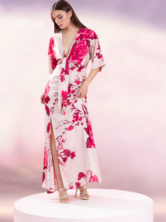 Long Printed Dress with Pink Tie