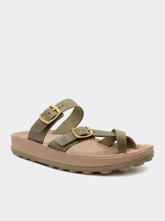 Leather Women's Flat Sandals Anatomic in Khaki Color
