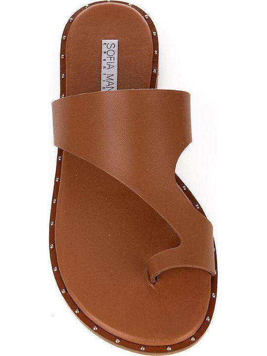 Leather Women's Flat Sandals in Tabac Brown Color
