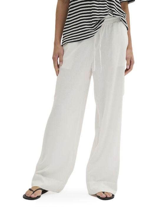 My Essential Wardrobe Γυναικεία Ψηλόμεση Λινή Παντελόνα με Λάστιχο σε Relaxed Εφαρμογή Λευκο