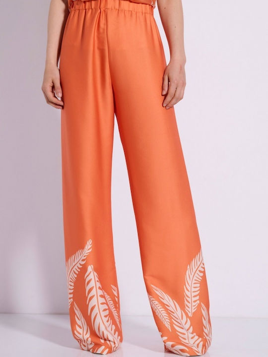 Matis Fashion Γυναικείο Πορτοκαλί Σετ με Ψηλόμεσο Παντελόνι με Λάστιχο σε Κανονική Εφαρμογή Floral