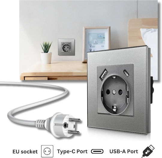 Einzeln Steckdose mit 2 USB-Anschlüssen Silber