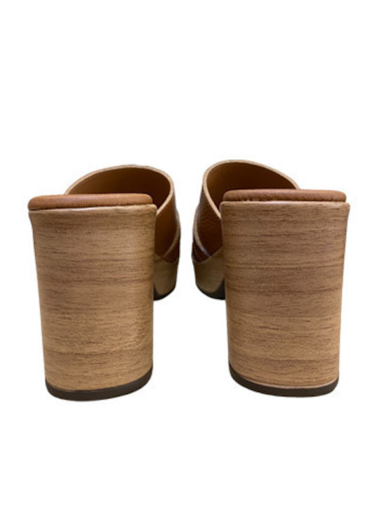 Leather Mules with Chunky High Heel in Tabac Brown Color