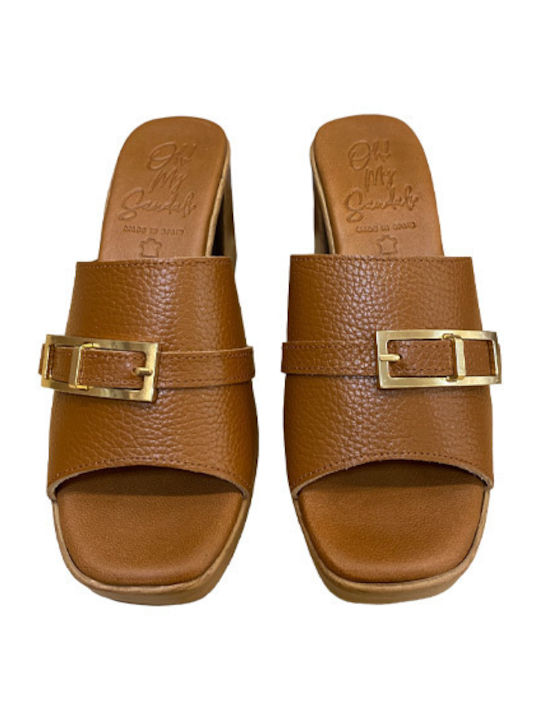 Leather Mules with Chunky High Heel in Tabac Brown Color