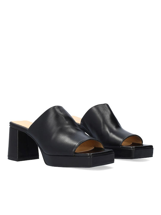 Leder Mules mit Chunky Hoch Absatz in Schwarz Farbe