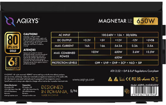 Aqirys Magnetar LE 650W Negru Sursă de Alimentare Calculator Complet modular 80 Plus Gold