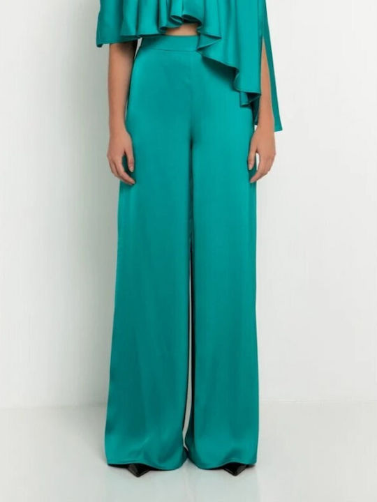 Toi&Moi Women's High-waisted Satin Trousers Emerald