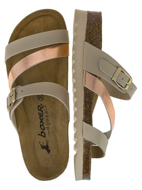 Boxer Leder Damen Flache Sandalen in Beige Farbe