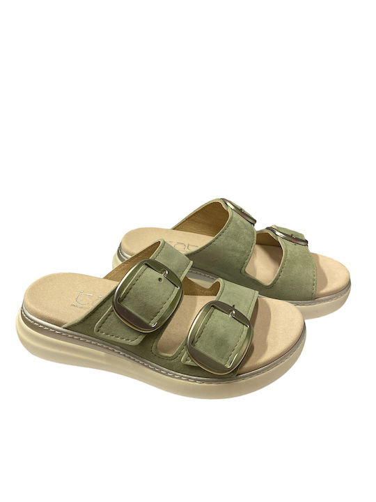 Tatoo Leather Women's Flat Sandals in Green Color