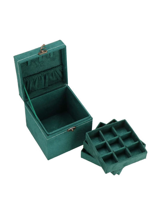 Кутия за бижута от велур в зелено, 12x12x12 см, Springos