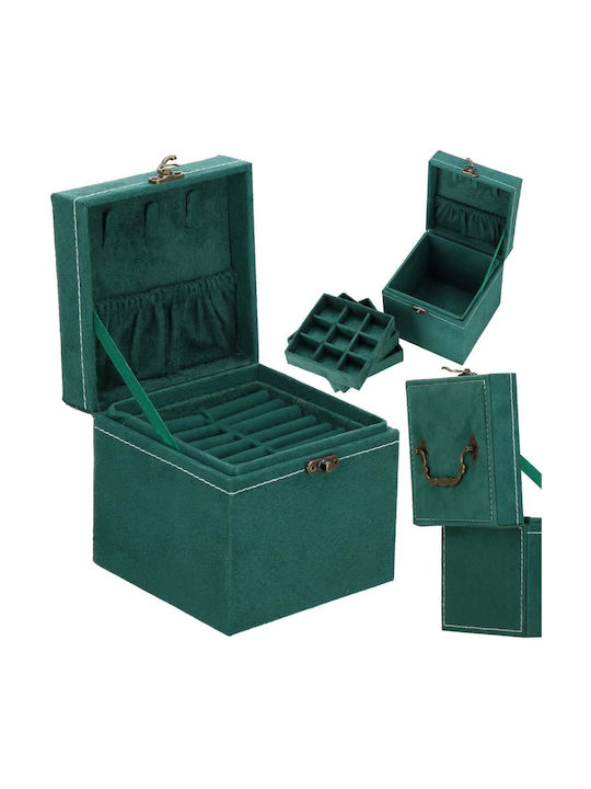 Кутия за бижута от велур в зелено, 12x12x12 см, Springos