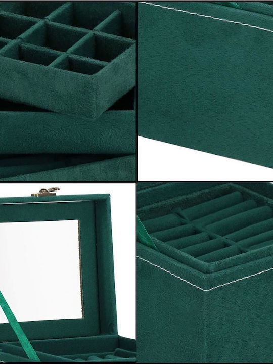 Jewelry Box Velvet Green Mirror 12x12x12 Cm Springos
