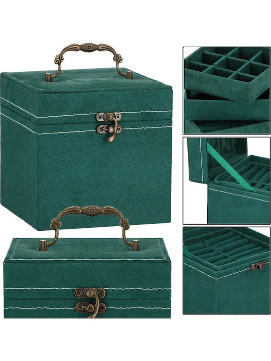 Кутия за бижута от велур в зелено, 12x12x12 см, Springos