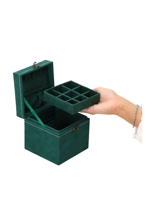 Кутия за бижута от велур в зелено, 12x12x12 см, Springos