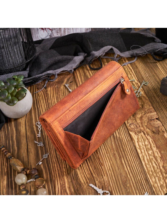 Set cadou portofel damă din piele vintage Paolo Peruzzi cu breloc portocaliu Zup-104