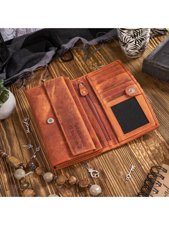 Set cadou portofel damă din piele vintage Paolo Peruzzi cu breloc portocaliu Zup-104