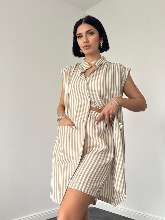 Sinell Women's Set: Elastic Waist Shorts, Long Striped Beige Vest Sinell Women's Set: Elastic Waist Shorts, Long Striped Beige Vest
