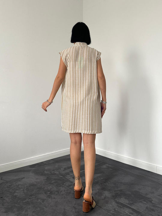 Sinell Women's Set: Elastic Waist Shorts, Long Striped Beige Vest
