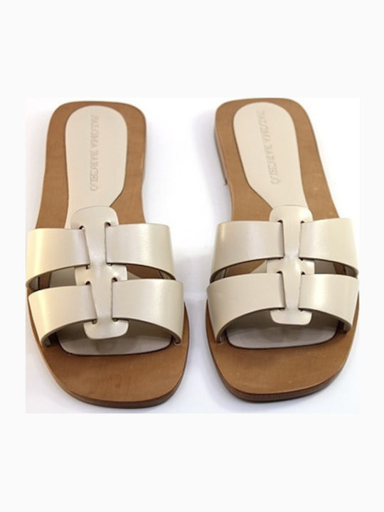 Leather Women's Flat Sandals in Beige Color
