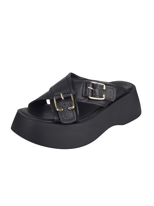 Gianna Kazakou Leather Women's Flat Sandals Flatforms in Black Color